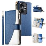 For Redmi Turbo 3 / Xiaomi Poco F6 Stitching Multi-card Zipper Wallet Leather Phone Case with Short Strap(Dark Blue)