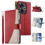 For Redmi Turbo 3 / Xiaomi Poco F6 Stitching Multi-card Zipper Wallet Leather Phone Case with Short Strap(Red)