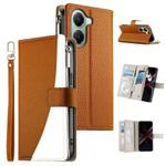 For Redmi Turbo 4 / Xiaomi Poco X7 Pro Stitching Multi-card Zipper Wallet Leather Phone Case with Short Strap(Brown)