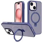 For iPhone 15 Plus Kalebol Metal Lens Frame MagSafe Holder Frosted PC Phone Case(Navy Blue)