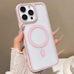 For iPhone 16 Pro Max Large Lens Hole Rhinestone Frame MagSafe Phone Case(Pink)