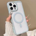 For iPhone 16 Pro Max Large Lens Hole Rhinestone Frame MagSafe Phone Case(Blue)