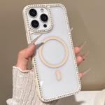 For iPhone 16 Pro Max Large Lens Hole Rhinestone Frame MagSafe Phone Case(Beige)