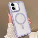 For iPhone 16 Large Lens Hole Rhinestone Frame MagSafe Phone Case(Purple)