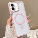For iPhone 16 Large Lens Hole Rhinestone Frame MagSafe Phone Case(Pink)