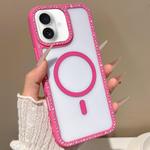 For iPhone 16 Large Lens Hole Rhinestone Frame MagSafe Phone Case(Rose Gold)