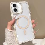 For iPhone 16 Large Lens Hole Rhinestone Frame MagSafe Phone Case(Beige)