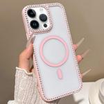 For iPhone 14 Pro Max Large Lens Hole Rhinestone Frame MagSafe Phone Case(Pink)