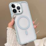For iPhone 14 Pro Max Large Lens Hole Rhinestone Frame MagSafe Phone Case(Blue)