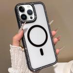 For iPhone 14 Pro Max Large Lens Hole Rhinestone Frame MagSafe Phone Case(Black)