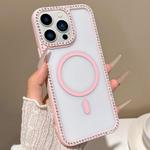 For iPhone 13 Pro Large Lens Hole Rhinestone Frame MagSafe Phone Case(Pink)