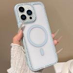 For iPhone 13 Pro Large Lens Hole Rhinestone Frame MagSafe Phone Case(Blue)