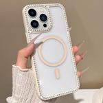 For iPhone 13 Pro Large Lens Hole Rhinestone Frame MagSafe Phone Case(Beige)
