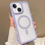 For iPhone 13 mini Large Lens Hole Rhinestone Frame MagSafe Phone Case(Purple)