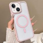 For iPhone 13 mini Large Lens Hole Rhinestone Frame MagSafe Phone Case(Pink)