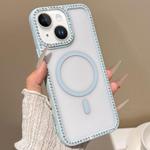For iPhone 13 mini Large Lens Hole Rhinestone Frame MagSafe Phone Case(Blue)