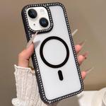 For iPhone 13 mini Large Lens Hole Rhinestone Frame MagSafe Phone Case(Black)