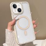 For iPhone 13 mini Large Lens Hole Rhinestone Frame MagSafe Phone Case(Beige)