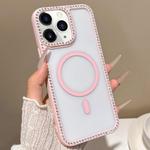For iPhone 11 Pro Max Large Lens Hole Rhinestone Frame MagSafe Phone Case(Pink)