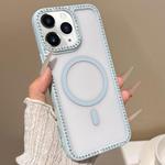 For iPhone 11 Pro Max Large Lens Hole Rhinestone Frame MagSafe Phone Case(Blue)