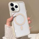 For iPhone 11 Pro Max Large Lens Hole Rhinestone Frame MagSafe Phone Case(Beige)