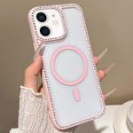 For iPhone 11 Large Lens Hole Rhinestone Frame MagSafe Phone Case(Pink)