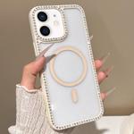 For iPhone 11 Large Lens Hole Rhinestone Frame MagSafe Phone Case(Beige)