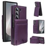 For Samsung Galaxy Z Fold6 Folding Card Holder Tempered Film Integrated Leather Phone Case(Dark Purple)