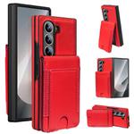 For Samsung Galaxy Z Fold5 Folding Card Holder Tempered Film Integrated Leather Phone Case(Red)