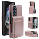 For Samsung Galaxy Z Fold4 Folding Card Holder Tempered Film Integrated Leather Phone Case(Rose Gold)