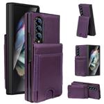 For Samsung Galaxy Z Fold3 Folding Card Holder Tempered Film Integrated Leather Phone Case(Dark Purple)