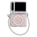 For Huawei Pura X Side Buckle Axis Pearlescent Shell Texture MagSafe Phone Case with Bracelet(Pink Green)