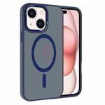 For iPhone 15 Plus Kalebol Metal Lens Frame MagSafe Frosted PC Phone Case(Navy Blue)