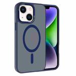 For iPhone 14 Kalebol Metal Lens Frame MagSafe Frosted PC Phone Case(Navy Blue)