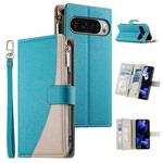 For Google Pixel 9 Pro XL / Pixel 10 Pro XL Stitching Multi-card Zipper Wallet Leather Phone Case with Short Strap(Blue)
