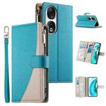 For Honor 90 Stitching Multi-card Zipper Wallet Leather Phone Case with Short Strap(Blue)