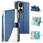 For Honor 90 Stitching Multi-card Zipper Wallet Leather Phone Case with Short Strap(Dark Blue)