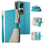 For Honor 90 Pro Stitching Multi-card Zipper Wallet Leather Phone Case with Short Strap(Blue)