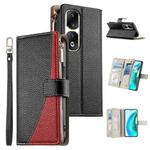 For Honor 90 Pro Stitching Multi-card Zipper Wallet Leather Phone Case with Short Strap(Black)