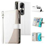 For Honor 90 Pro Stitching Multi-card Zipper Wallet Leather Phone Case with Short Strap(White)