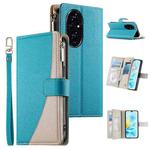 For Honor 200 Stitching Multi-card Zipper Wallet Leather Phone Case with Short Strap(Blue)