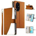 For Honor 200 Stitching Multi-card Zipper Wallet Leather Phone Case with Short Strap(Brown)