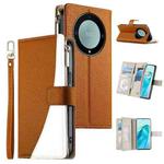 For Honor X9a / X40 / Magic5 Lite Stitching Multi-card Zipper Wallet Leather Phone Case with Short Strap(Brown)