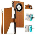 For Honor X50 / Honor X9b Stitching Multi-card Zipper Wallet Leather Phone Case with Short Strap(Brown)