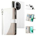 For Honor 400 Pro Global 160.8mm Stitching Multi-card Zipper Wallet Leather Phone Case with Short Strap(White)