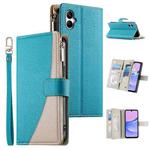 For Samsung Galaxy A05 Stitching Multi-card Zipper Wallet Leather Phone Case with Short Strap(Blue)