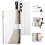 For Samsung Galaxy A25 5G Stitching Multi-card Zipper Wallet Leather Phone Case with Short Strap(White)