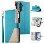 For Samsung Galaxy A34 5G Stitching Multi-card Zipper Wallet Leather Phone Case with Short Strap(Blue)