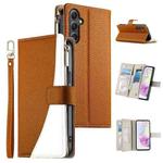 For Samsung Galaxy A35 5G Stitching Multi-card Zipper Wallet Leather Phone Case with Short Strap(Brown)