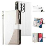For Samsung Galaxy A73 5G Stitching Multi-card Zipper Wallet Leather Phone Case with Short Strap(White)